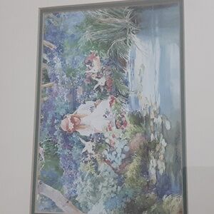 Dawna Barton GARDEN FRIENDS Framed Watercolor Signed Print 8x10" Double Matted